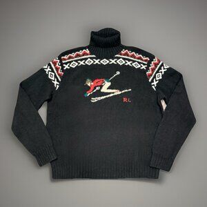 Vintage Polo Ralph Lauren Sweater Black Wool Suicide Skier Turtleneck XL